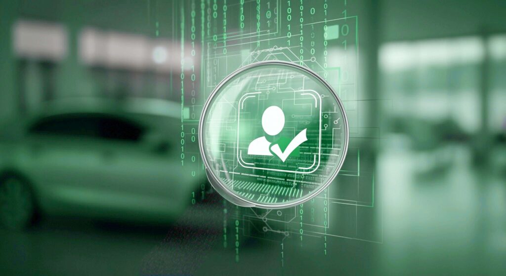 Digital identity verification icon with a checkmark overlaid on a futuristic green interface, featuring binary code and a blurred car in the background