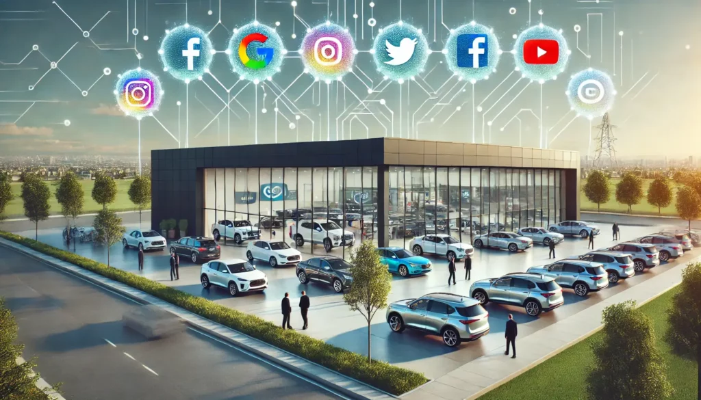 modern car dealership with a large selection of vehicles displayed both outside and inside a glass-fronted building. Several people are seen walking around and interacting near the cars. Floating above the dealership are digital icons representing major social media platforms, including Facebook, Instagram, Google, YouTube, and Twitter, all connected by a network of lines.